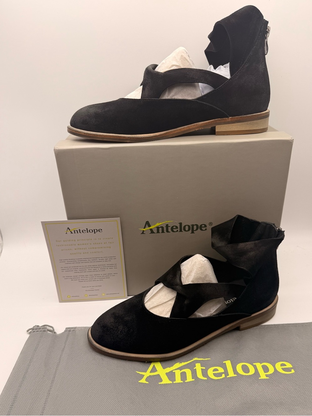 Antelope Lalana Black Suede Flats Size 38 US 7.5-8 NIB Back Zip Comfort Shoes